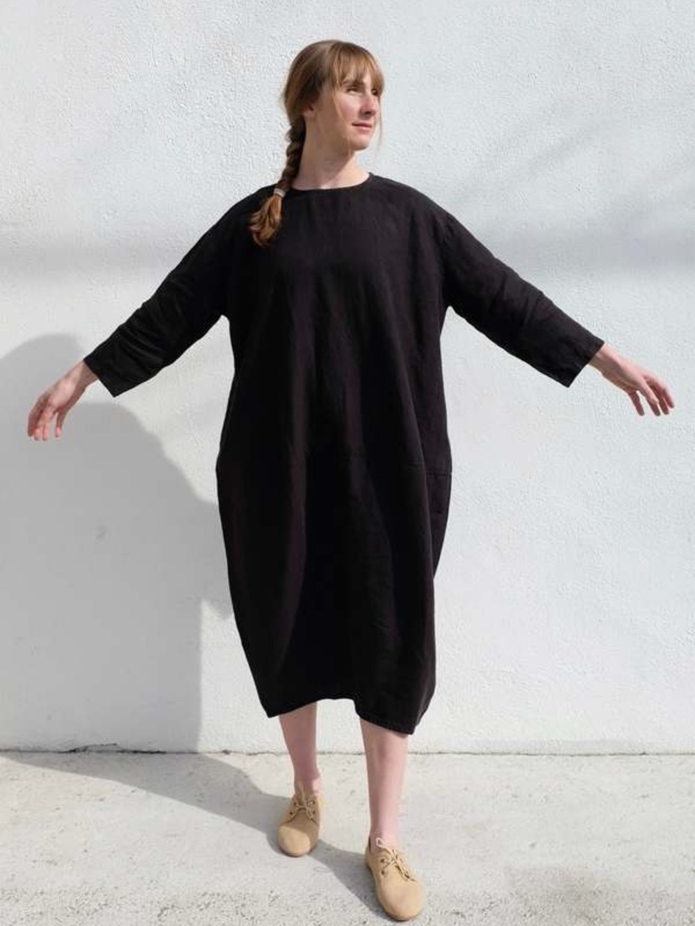 Black Crane Women's Shift Dress, “Bud” Midi Dress in Black Cotton & Rayon